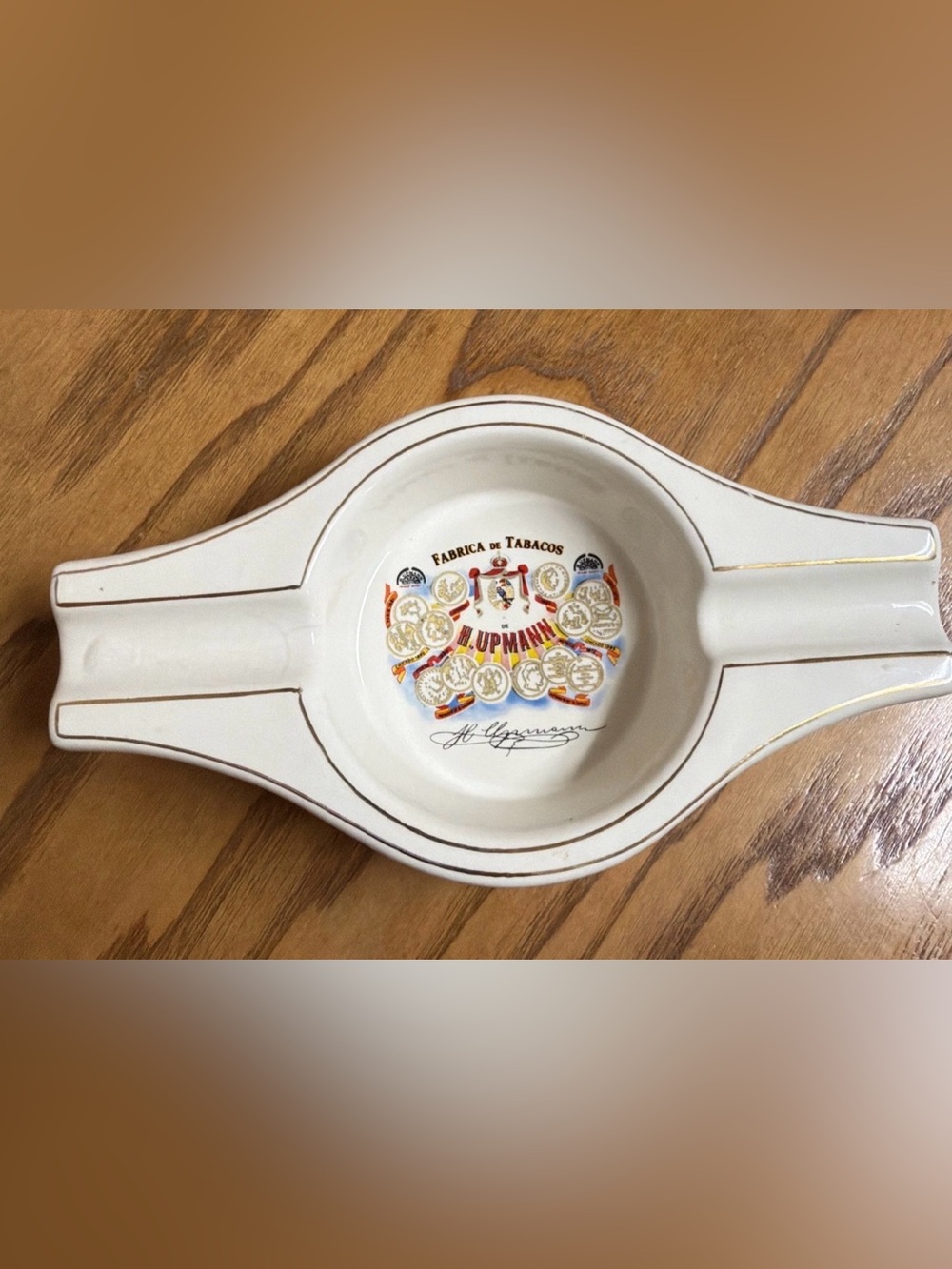 H. Upmann Porcelain Cigar Ashtray - White with Gold Trim Vintage 7 inches